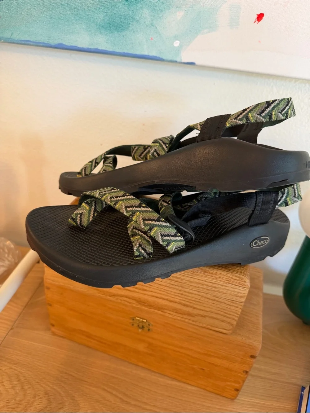 Chaco Men's Black Sandals with Green Patterned Straps
